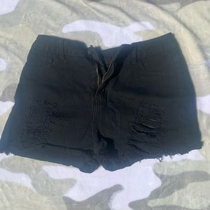 Black distressed denim shorts